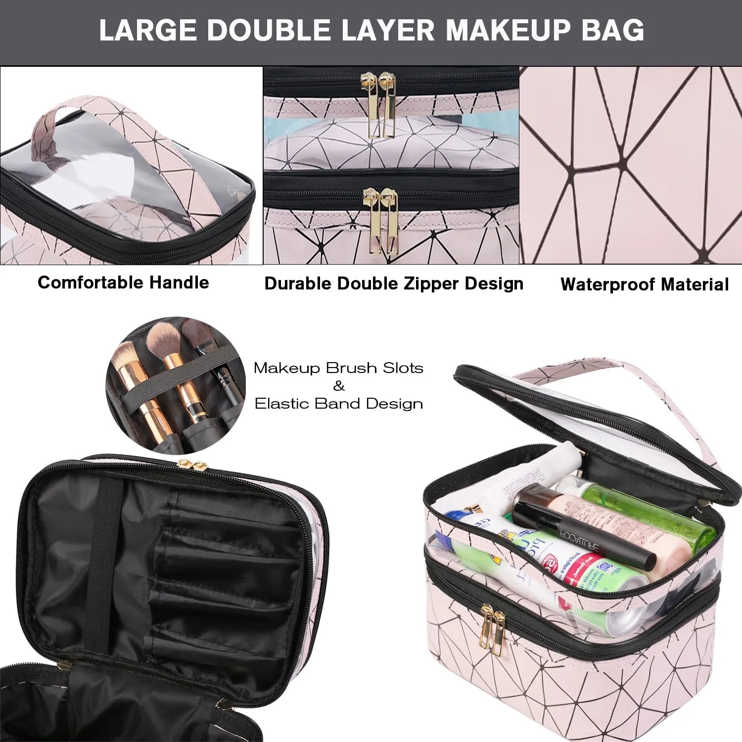 FITINI 3 Pieces Makeup Bags Double Layer Travel Large Cosmetic Cases Organizer Toiletry Bags Waterproof Small Zipper Pouch for Women Makeup Brush Storage Bag,Blush Pink