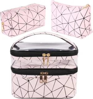 FITINI 3 Pieces Makeup Bags Double Layer Travel Large Cosmetic Cases Organizer Toiletry Bags Waterproof Small Zipper Pouch for Women Makeup Brush Storage Bag,Blush Pink