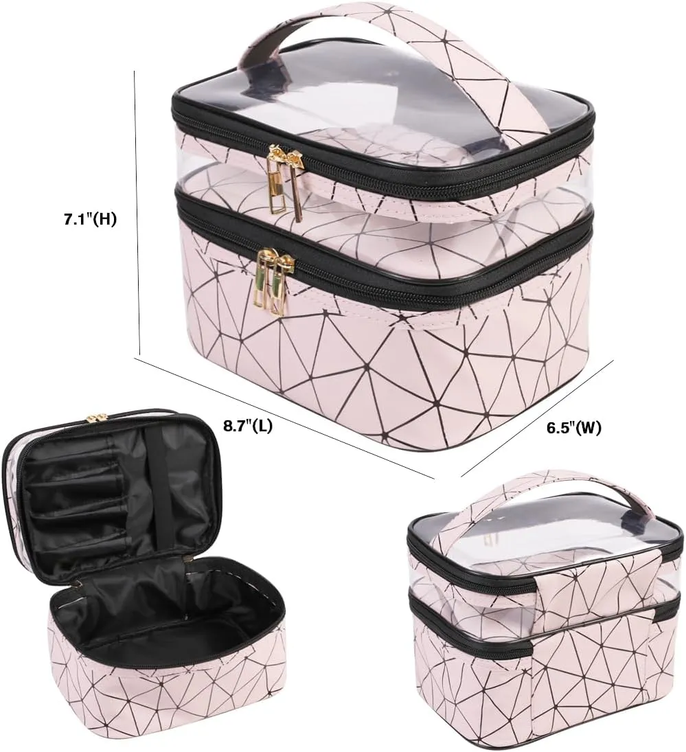 FITINI 3 Pieces Makeup Bags Double Layer Travel Large Cosmetic Cases Organizer Toiletry Bags Waterproof Small Zipper Pouch for Women Makeup Brush Storage Bag,Blush Pink