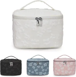 Floral Makeup Bag, Large Capacity Makeup Toiletry Bag, Zipper Cosmetic Pouch, Daily Travel Use Skincare Bag, Multipurpose Organizer Bag (Ivory Blossom White)