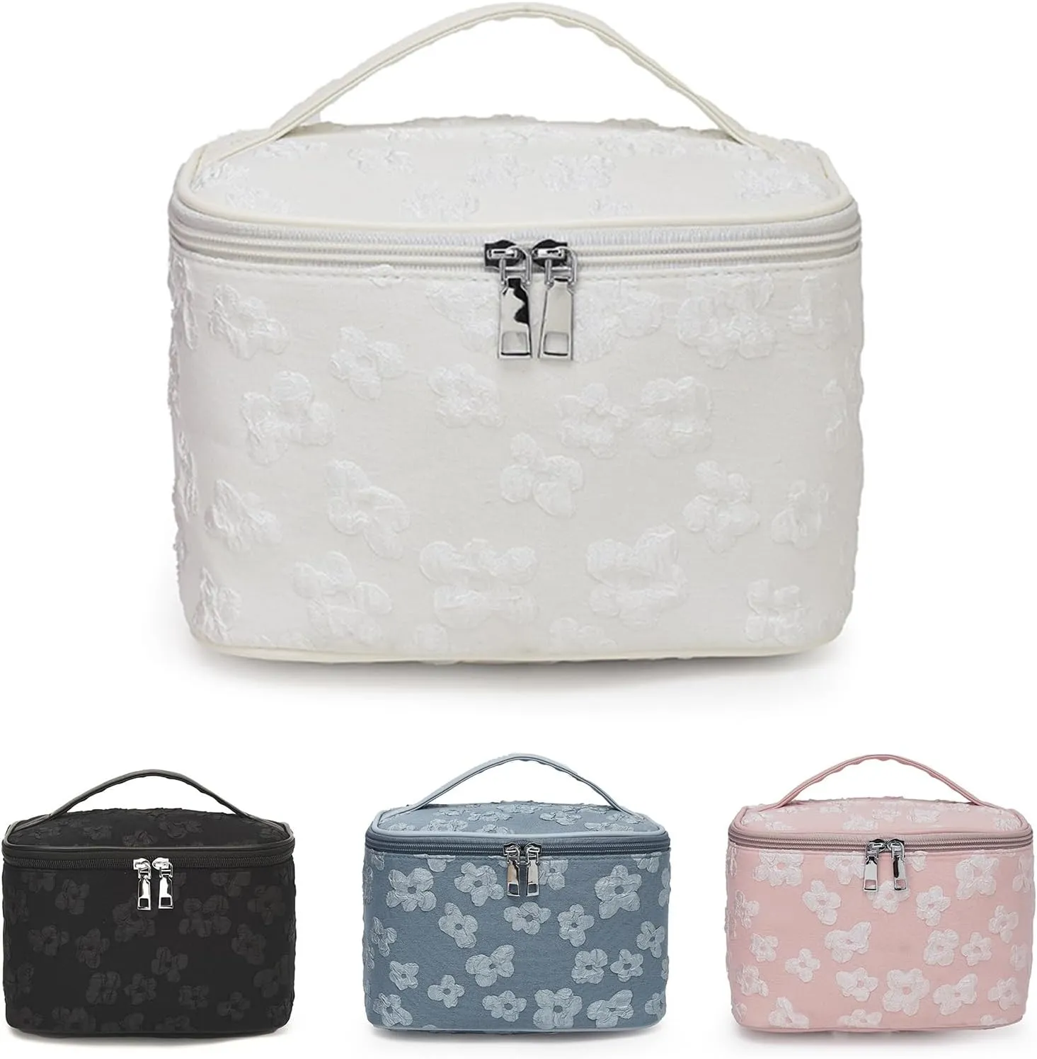 Floral Makeup Bag, Large Capacity Makeup Toiletry Bag, Zipper Cosmetic Pouch, Daily Travel Use Skincare Bag, Multipurpose Organizer Bag (Ivory Blossom White)