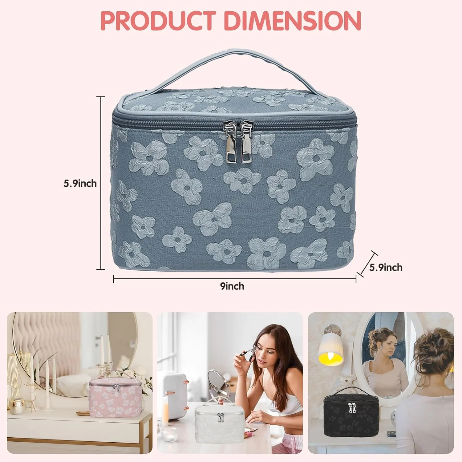 Floral Makeup Bag, Large Capacity Makeup Toiletry Bag, Zipper Cosmetic Pouch, Daily Travel Use Skincare Bag, Multipurpose Organizer Bag (Ivory Blossom White)