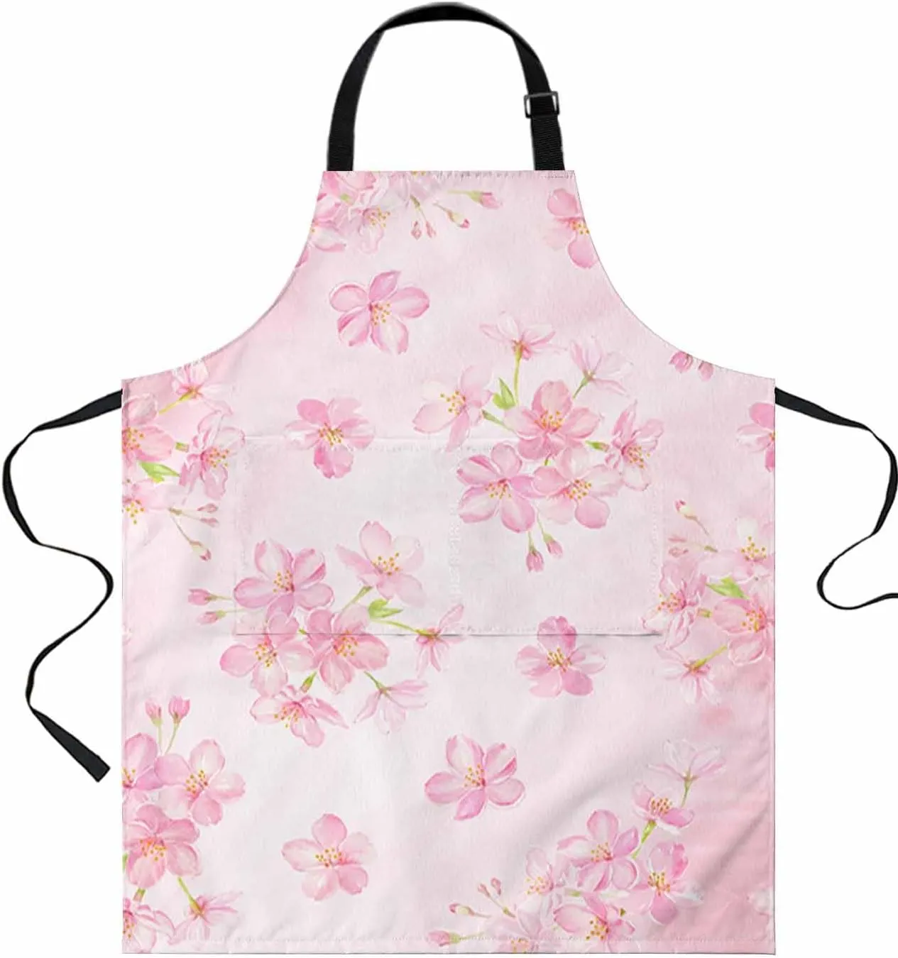 Floral Pink Waterproof Apron With Pockets,Watercolor Cherry Blossom Spring Summer Flower Kitchen Chefs Bib Cooking BBQ Grill Bake Adjustable Aprons for Women Home Garden Grooming Painting Gardening