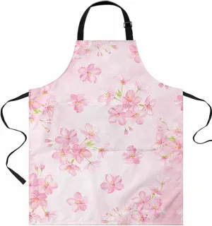 Floral Pink Waterproof Apron With Pockets,Watercolor Cherry Blossom Spring Summer Flower Kitchen Chefs Bib Cooking BBQ Grill Bake Adjustable Aprons for Women Home Garden Grooming Painting Gardening