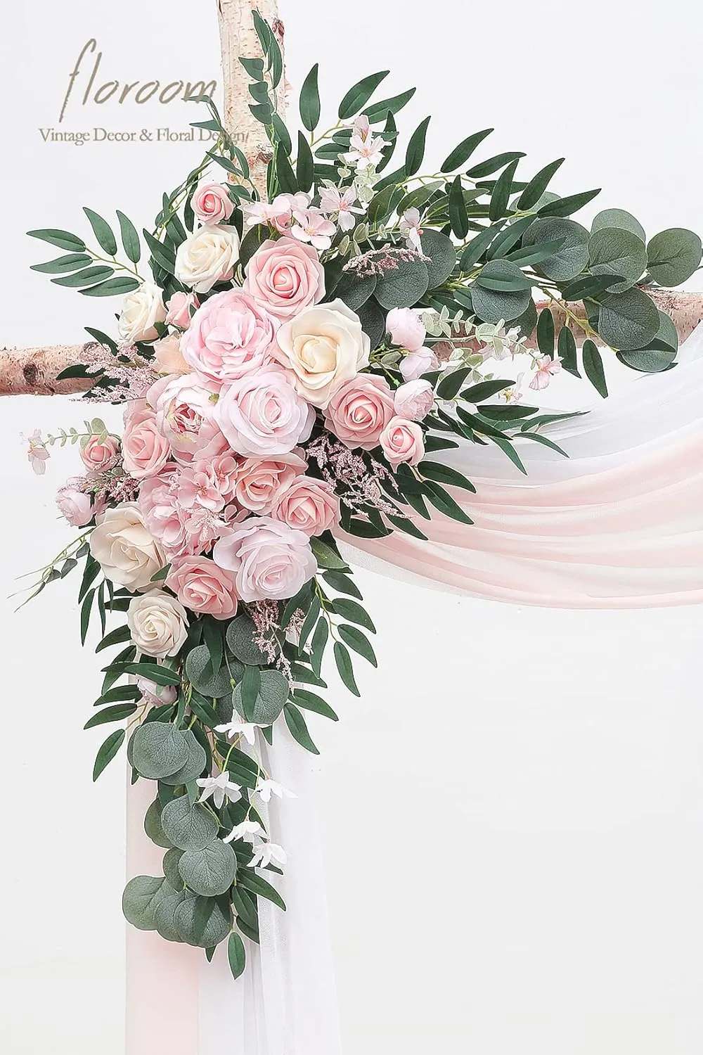 Floroom Arch Flowers with Drapes Kit (Pack of 4) - 2pcs Artificial Blush Pink Floral Swag Arrangement with 2pcs Draping Fabric for Wedding Ceremony Arbor and Reception Backdrop Decoration