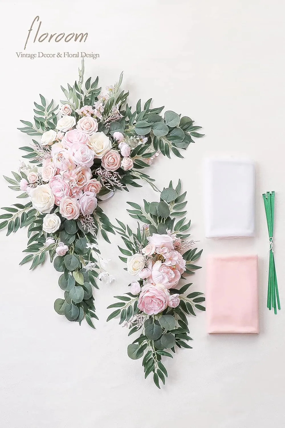 Floroom Arch Flowers with Drapes Kit (Pack of 4) - 2pcs Artificial Blush Pink Floral Swag Arrangement with 2pcs Draping Fabric for Wedding Ceremony Arbor and Reception Backdrop Decoration