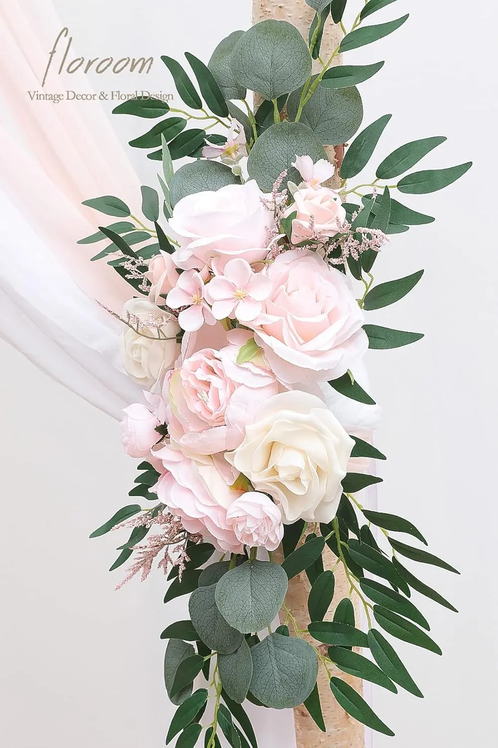 Floroom Arch Flowers with Drapes Kit (Pack of 4) - 2pcs Artificial Blush Pink Floral Swag Arrangement with 2pcs Draping Fabric for Wedding Ceremony Arbor and Reception Backdrop Decoration
