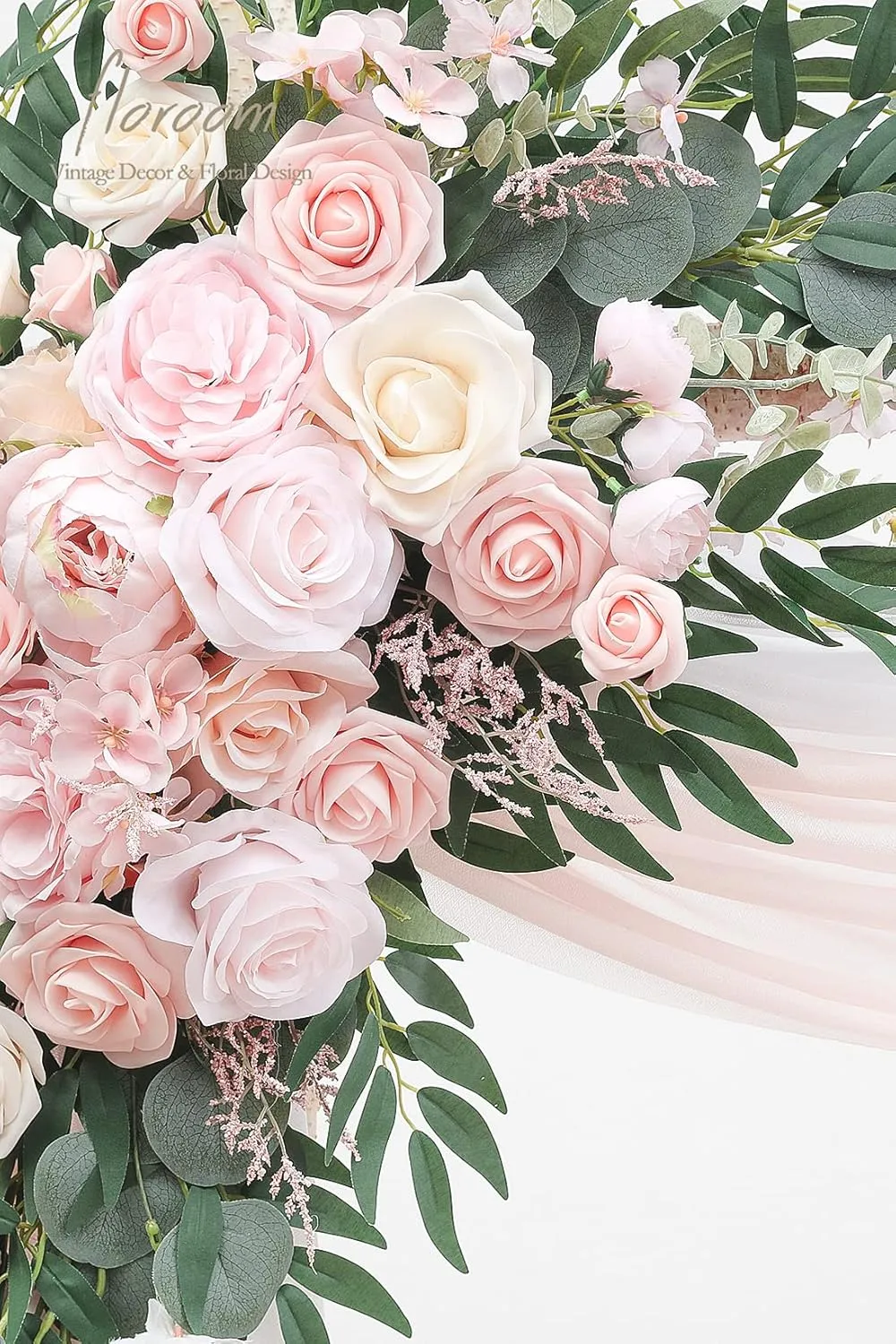 Floroom Arch Flowers with Drapes Kit (Pack of 4) - 2pcs Artificial Blush Pink Floral Swag Arrangement with 2pcs Draping Fabric for Wedding Ceremony Arbor and Reception Backdrop Decoration