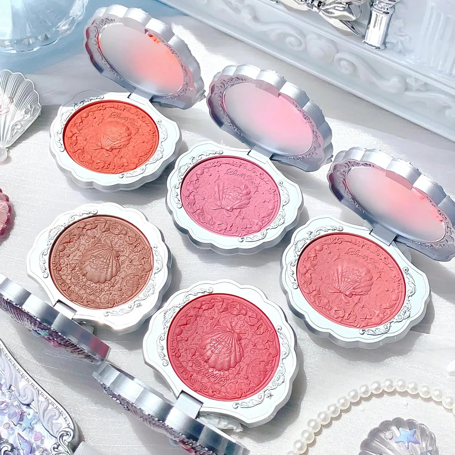 Flower Knows Shell's Jewel Silk Satin Embossed Blush-Strawberry Crush,Flirty Berry Pink,Romantic Feminine Flush,Illuminating Shimmer,Vitamin E Hydrating Silky Powder(05 Strawberry Bubble)