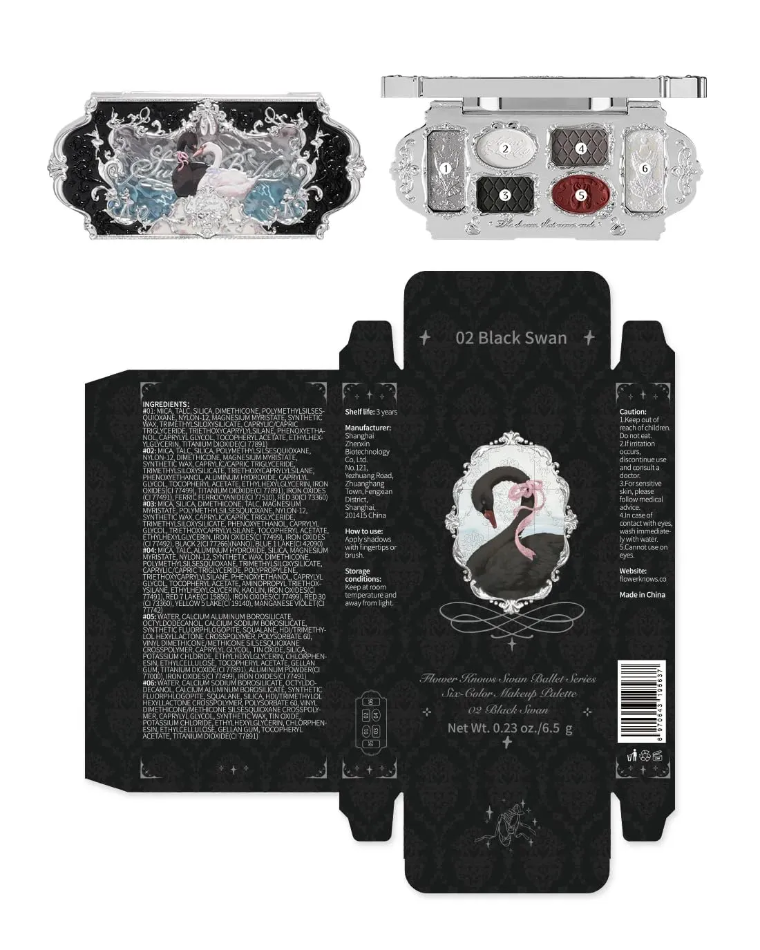 Flower Knows Swan Ballet Six-Color Makeup Palette,Eyeshadow,Blush,Highlighting & Contour All-in-One Face Makeup Palette with 4 Matte 2 Shimmer Smoky Shades(02 Black Swan,0.23 Oz)