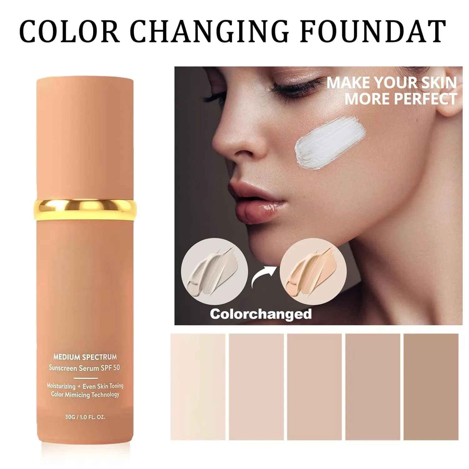 Foundation 4 in 1 - Medium Spectrum with SPF 50  Inspired, Hydrating Color Changing Foundation Makeup Liquid - Longwearing & Waterproof for Sport, Dancing (Natural Color)