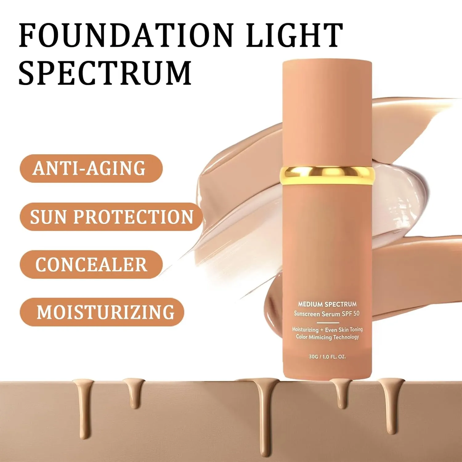 Foundation 4 in 1 - Medium Spectrum with SPF 50  Inspired, Hydrating Color Changing Foundation Makeup Liquid - Longwearing & Waterproof for Sport, Dancing (Natural Color)