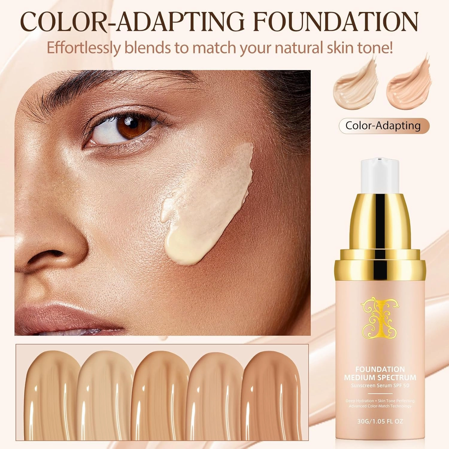 Foundation 4 in 1 - Light Spectrum With SPF 50 , 2Pack Color Changing Foundation,Sunscreen Serum, Deep Hydration, Skin Tone Perfecting, Advanced Color-Match Technology 1.05 Fl Oz
