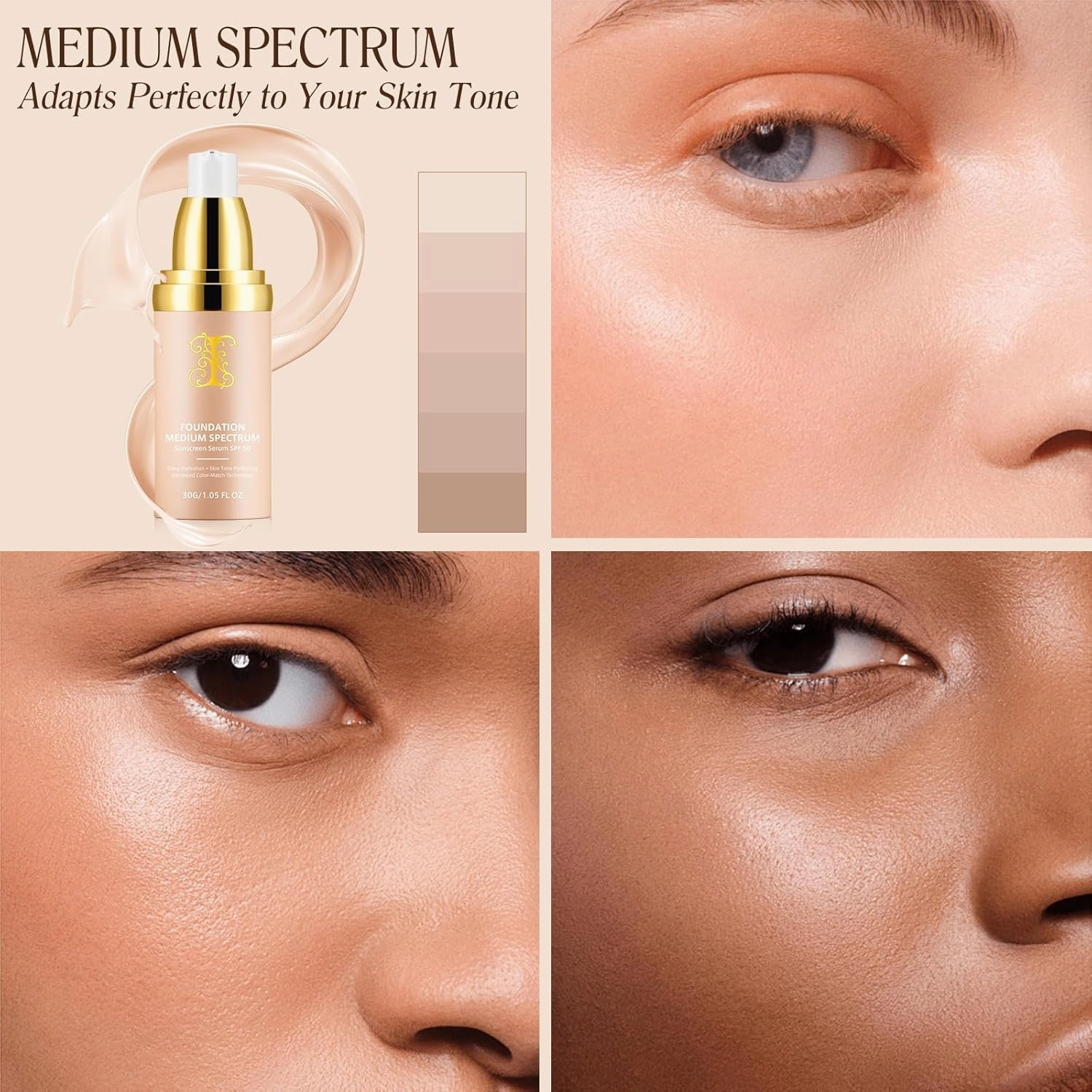 Foundation 4 in 1 - Light Spectrum With SPF 50 , 2Pack Color Changing Foundation,Sunscreen Serum, Deep Hydration, Skin Tone Perfecting, Advanced Color-Match Technology 1.05 Fl Oz