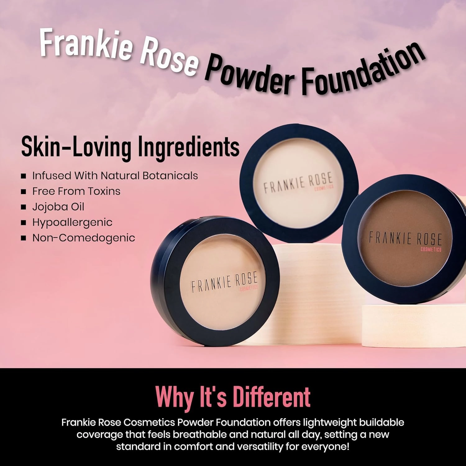 Frankie Rose Cosmetics Powder Foundation – Full Coverage Face Powder For Pores & Imperfections, Evens Out Skin Tone & Shine-Control | 58 Grams (Porcelain)