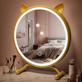 Free Standing Desktop Vanity Mirror, Smart Led Makeup Mirror with Light, Portable Lighted Makeup Beauty Mirror, 3 Color Lighting, Dimmable Touch Screen, Adjustable Angle(Gold)