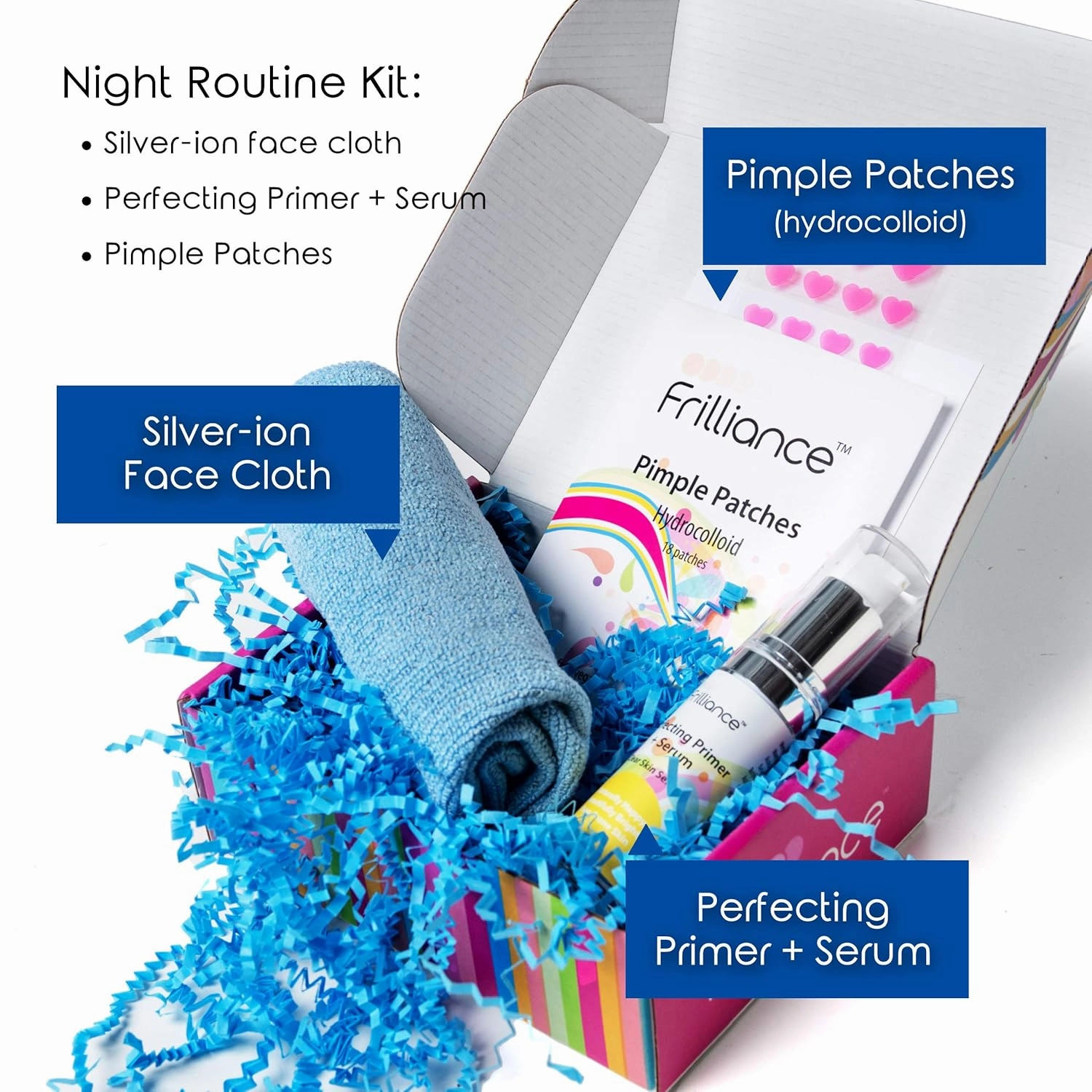 Frilliance Night Routine Teen Beauty Bundle, Clear Skin Serum, Acne-fighting Silver-ion Face Cloth, Pimple Patches, Hypo-allergenic, Cruelty-free