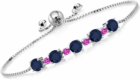 Gem Stone King 925 Sterling Silver Gemstone Birthstone and Pink Sapphire Tennis Bracelet for Women | Round 5MM and 2.5MM | Adjustable Bolo Design | Easy-On Easy-Off | Fully Adjustable Up to 9 Inch