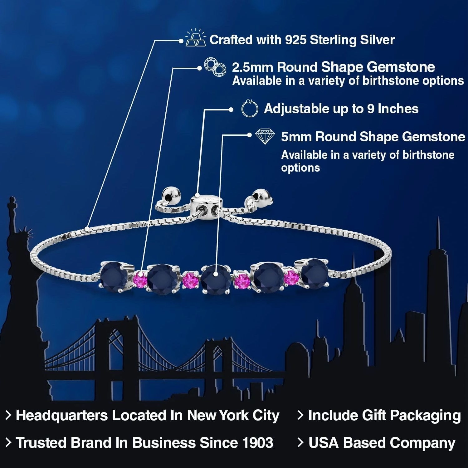 Gem Stone King 925 Sterling Silver Gemstone Birthstone and Pink Sapphire Tennis Bracelet for Women | Round 5MM and 2.5MM | Adjustable Bolo Design | Easy-On Easy-Off | Fully Adjustable Up to 9 Inch