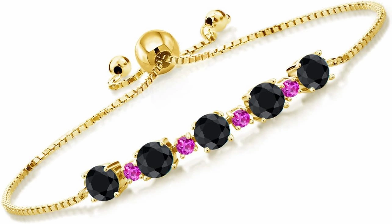 Gemstone Birthstone and Pink Sapphire Tennis Bracelet for Women in 18K Yellow Gold Plated Silver | Round 5MM and 2.5MM | Adjustable Bolo Design | Easy-On Easy-Off | Fully Adjustable Up to 9 Inch