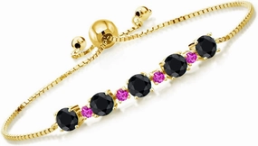Gemstone Birthstone and Pink Sapphire Tennis Bracelet for Women in 18K Yellow Gold Plated Silver | Round 5MM and 2.5MM | Adjustable Bolo Design | Easy-On Easy-Off | Fully Adjustable Up to 9 Inch