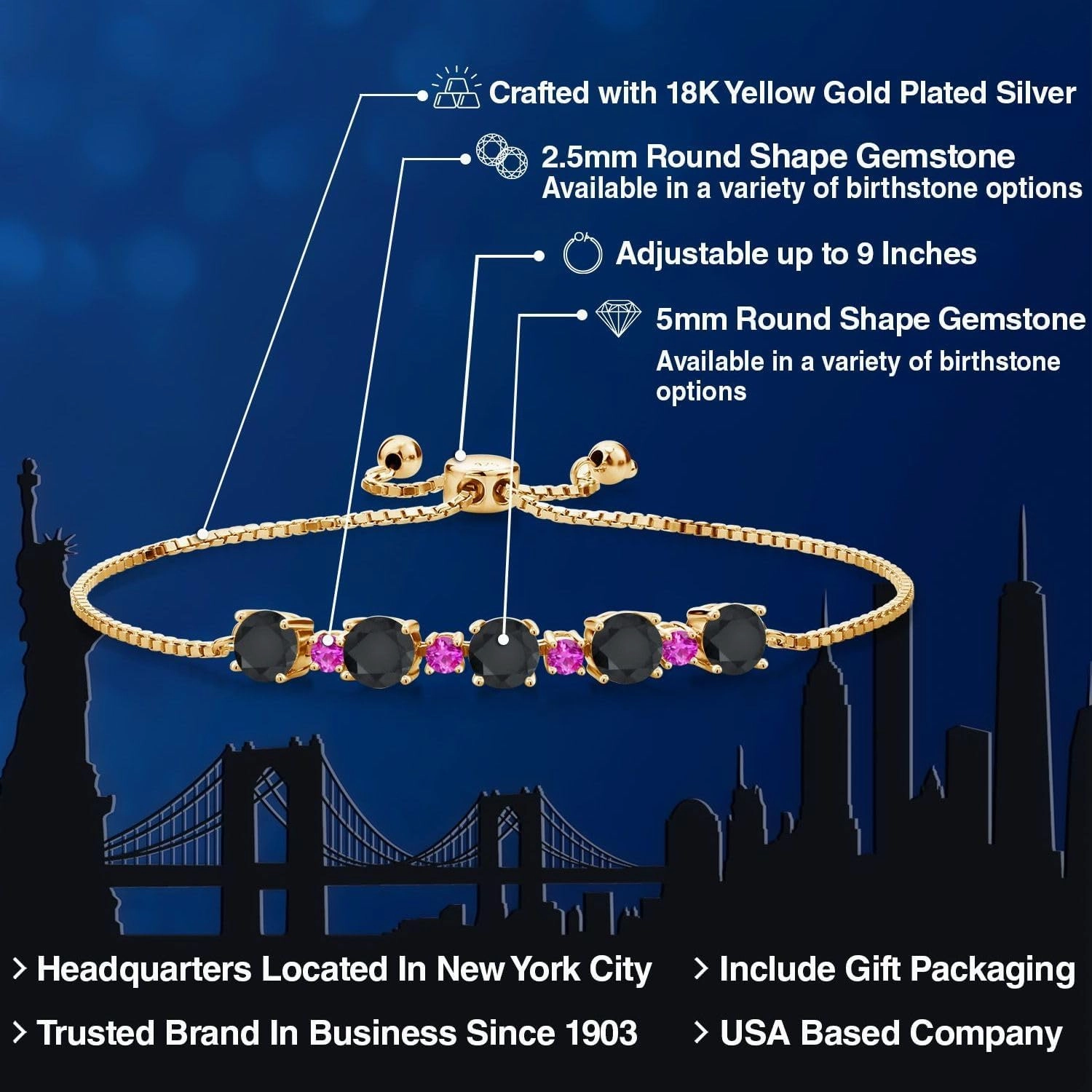 Gemstone Birthstone and Pink Sapphire Tennis Bracelet for Women in 18K Yellow Gold Plated Silver | Round 5MM and 2.5MM | Adjustable Bolo Design | Easy-On Easy-Off | Fully Adjustable Up to 9 Inch