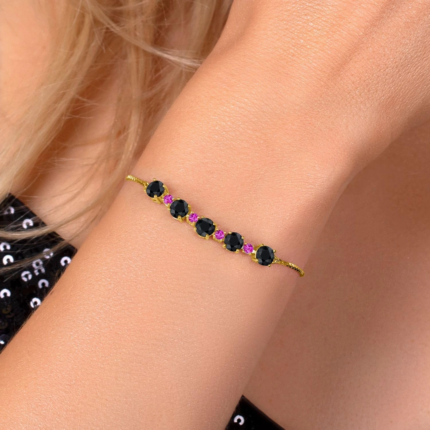 Gemstone Birthstone and Pink Sapphire Tennis Bracelet for Women in 18K Yellow Gold Plated Silver | Round 5MM and 2.5MM | Adjustable Bolo Design | Easy-On Easy-Off | Fully Adjustable Up to 9 Inch