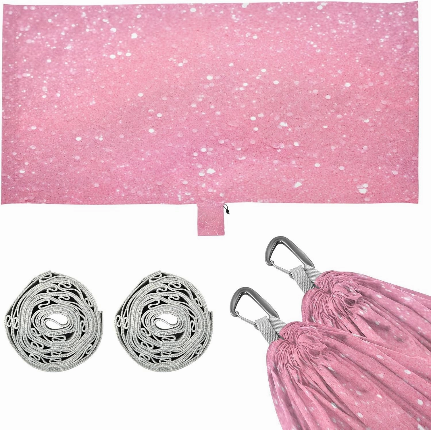 Glitter Blush Pink Camping Hammock, 330 lbs with 2 Tree Straps, Carry Bag, Single Portable Hammock for Outdoor/Indoor, Hiking, Beach, Backpacking, Travel