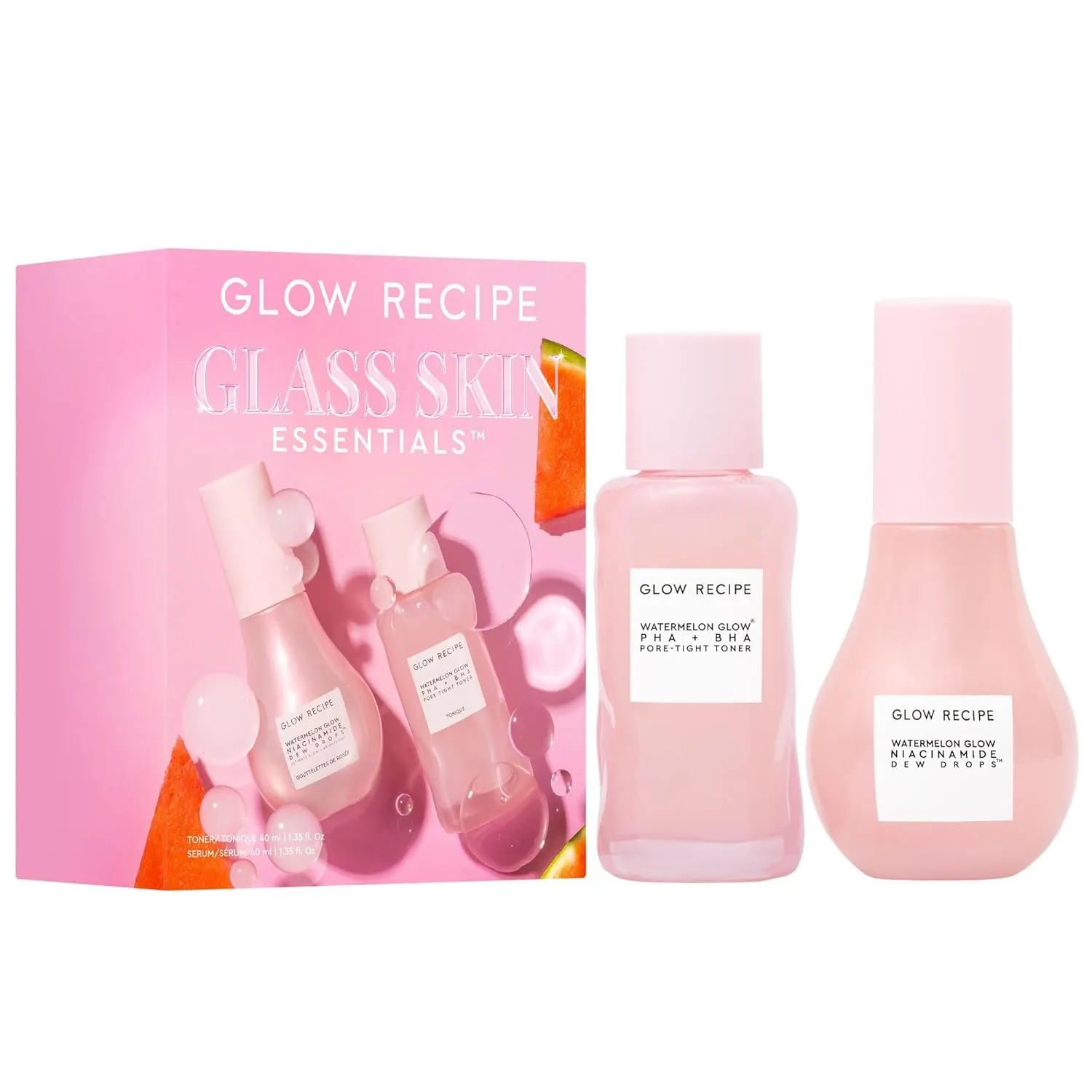 Glow Recipe Glass Skin Essential Korean Skincare Kit - Includes Niacinamide Dew Drops Face Serum & PHA   BHA Face Toner - Travel Size Watermelon-Powered Hydrating Serum & Pore Minimizer (2 Count)