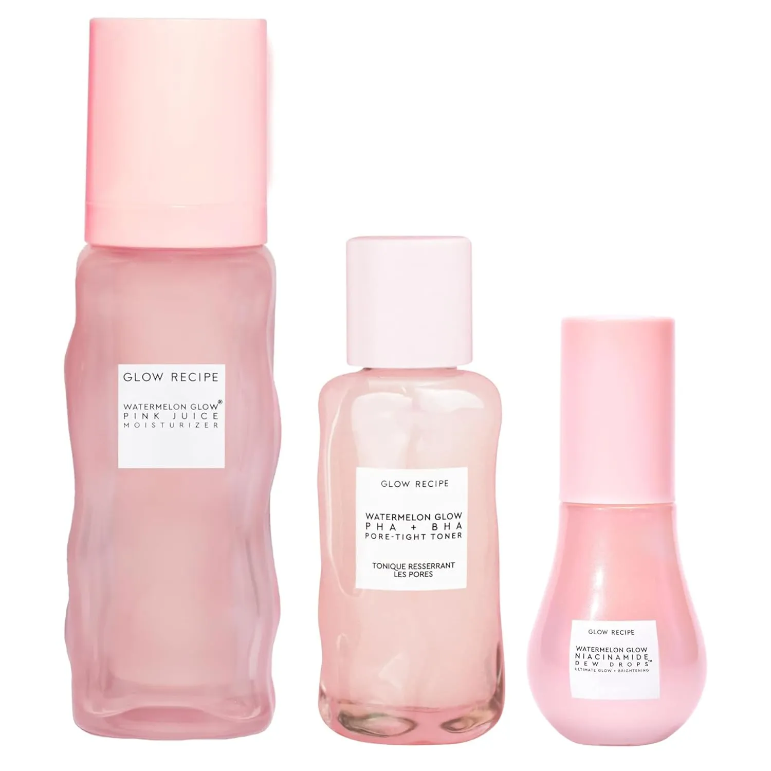 Glow Recipe Real Glass Skin Kit - PHA   BHA Toner & Gentle Face Exfoliant (40 ml)   Pink Juice Hydrating Moisturizer with Hyaluronic Acid (50 ml)   Niacinamide Dew Drops Highlighting Serum (15 ml)