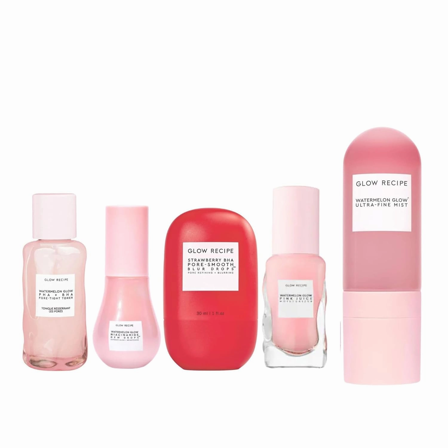 Glow Recipe Back to School Essentials Kit - Watermelon Toner (40ml)   Dew Drops (15ml)   Blur Drops (5ml)   Pink Juice Moisturizer (25ml)   Watermelon Mist (75ml)