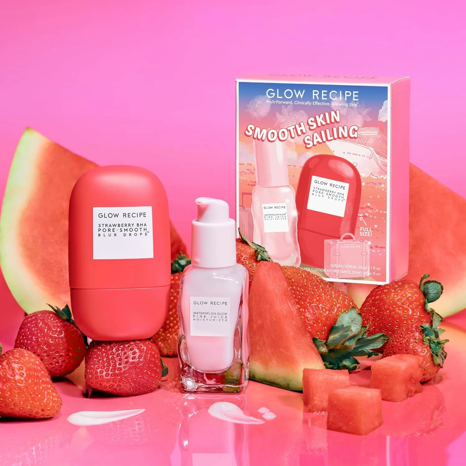 Glow Recipe Smooth Skin Sailing Skincare Set - Watermelon Glow Pink Juice Facial Moisturizer   Silicone-Free BHA Strawberry Pore Minimizer Blurring Drops (2 Count)