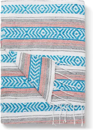 Gray, Teal and Pink Mexican Blanket by Laguna Beach Textile Co - Beach, Yoga, Camping, or Decorative Throw Blanket - Traditional Handmade Serape - Gray Blush