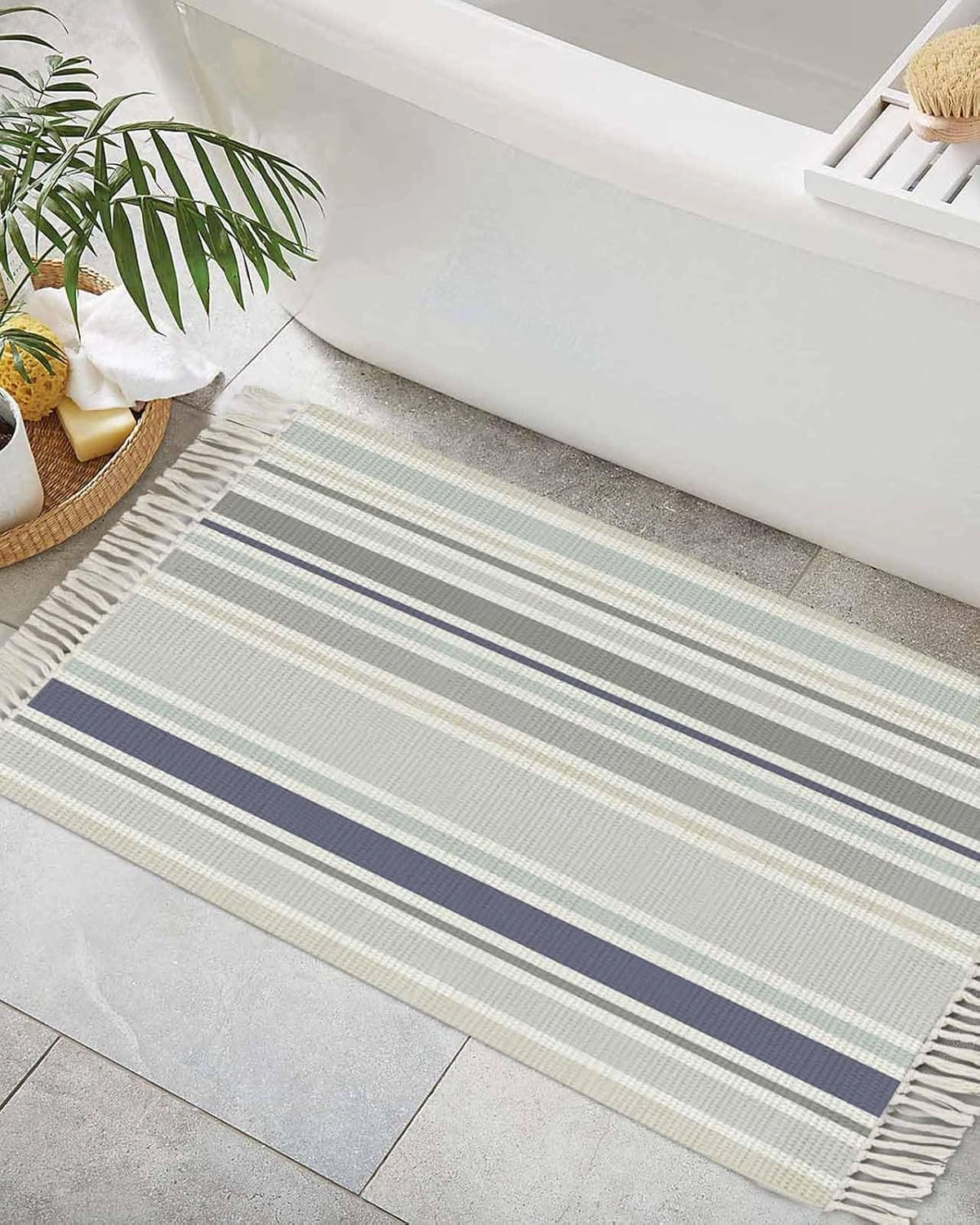 Gray Blue White Entryway Rug 2X3 Ft Bathroom Mat, Washable Woven Throw Carpet with Tassel, Modern Simple Abstract Stripes Lines Non-Shedding Indoor Outdoor Kitchen Doormats