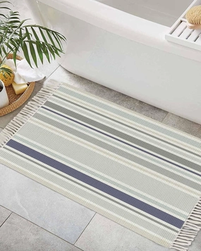 Gray Blue White Entryway Rug 2X3 Ft Bathroom Mat, Washable Woven Throw Carpet with Tassel, Modern Simple Abstract Stripes Lines Non-Shedding Indoor Outdoor Kitchen Doormats