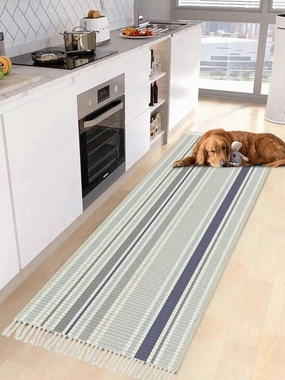 Gray Blue White Runner Rug 2X4 Ft Entryway Outdoor Indoor Mat, Washable Woven Throw Carpet with Tassel, Modern Simple Abstract Stripes Lines Non-Shedding Hallway Bath Mats
