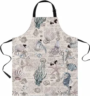Grey Coastal Waterproof Apron With Pockets,Nautical Tropical Fish Starfish Shell Conch Kitchen Chefs Bib Cooking BBQ Grill Bake Adjustable Aprons for Women/Kids Home Garden Grooming Painting Gardening