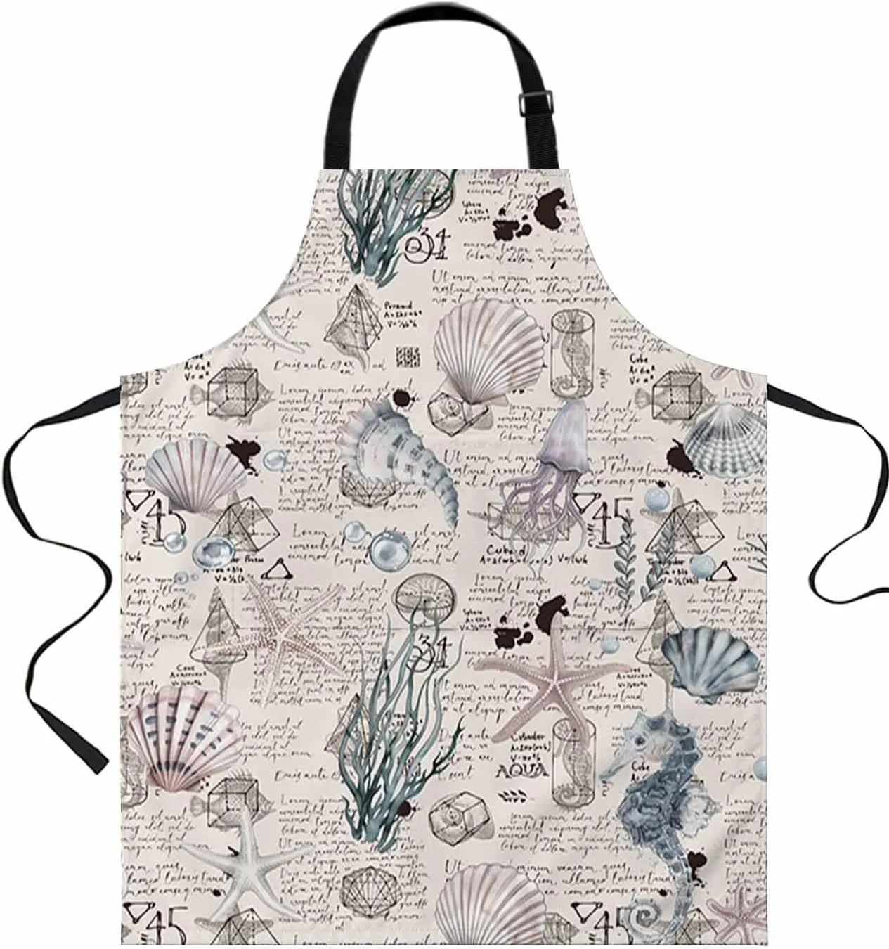 Grey Coastal Waterproof Apron With Pockets,Nautical Tropical Fish Starfish Shell Conch Kitchen Chefs Bib Cooking BBQ Grill Bake Adjustable Aprons for Women/Kids Home Garden Grooming Painting Gardening