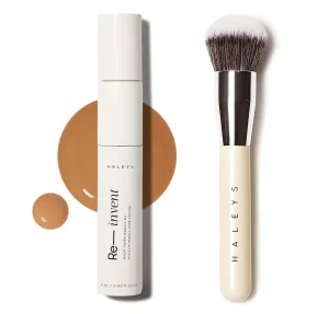 HALEYS Skin Tint Set (Dark Neutral): Re-invent Sheer Tinted Marula Oil, Skin Tint, Tinted BB Moisturizer, Face Oil, Hydrating Glowing Skin, Brilliant Kabuki Brush, Streak-free Blending, Buff, Blurs