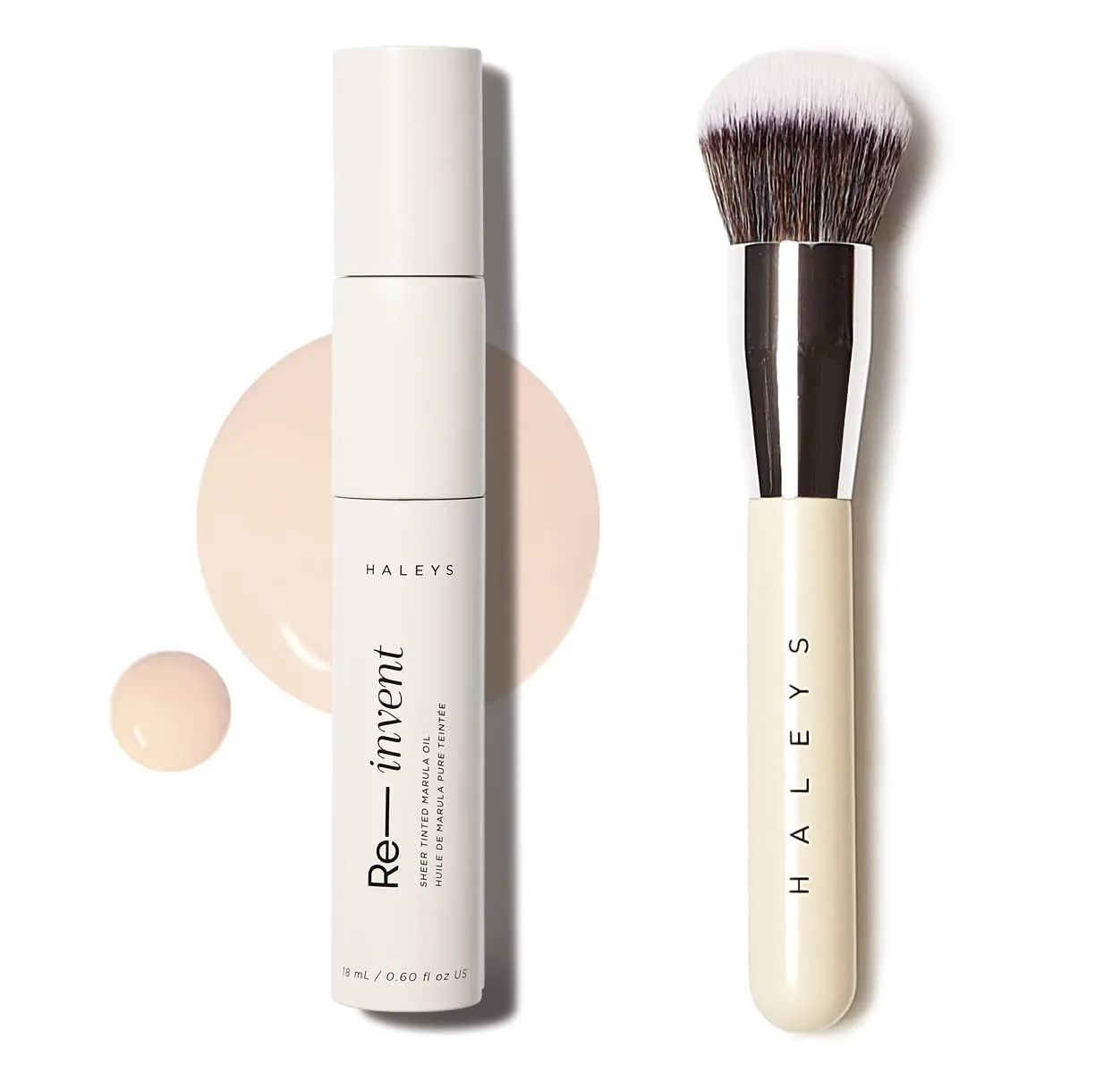 HALEYS Skin Tint Set (Fair Cool): Re-invent Sheer Tinted Marula Oil, Skin Tint, Tinted BB Moisturizer, Face Oil, Hydrating Glowing Skin, Brilliant Kabuki Brush, Streak-free Blending, Buff, Blurs