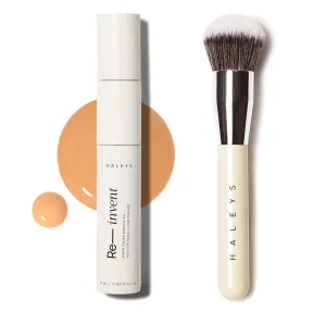 HALEYS Skin Tint Set (Medium/Tan Neutral): Re-invent Sheer Tinted Marula Oil, Skin Tint, Tinted BB Moisturizer, Face Oil, Hydrating Glowing Skin, Brilliant Kabuki Brush, Streak-free Blending, Buff