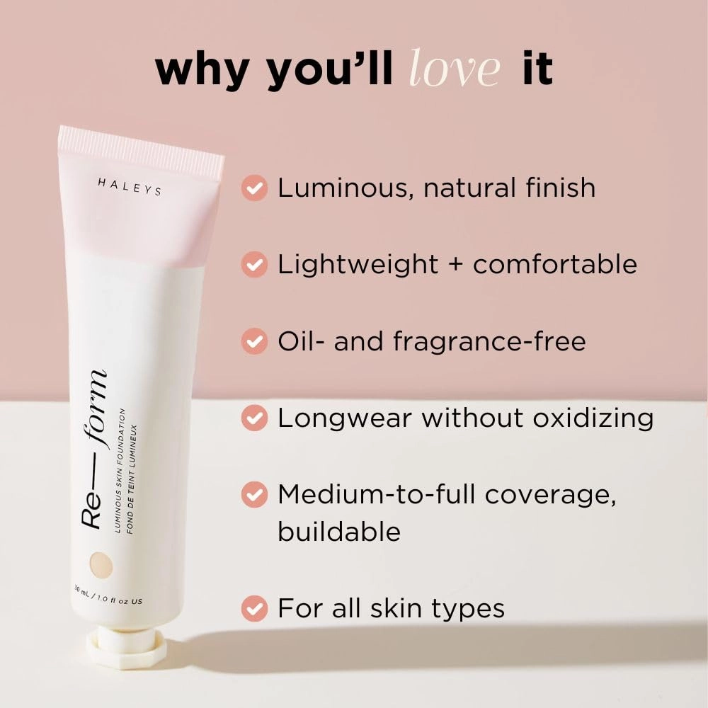 HALEYS Re-form Luminous Skin Foundation, VEGAN   CRUELTY-FREE, Blurs, Conceals, Blendable, Buildable Med-to-Full Coverage, Weightless, Oil-free, All-Day Wear, Hyaluronic Acid, All skin types (2.15)