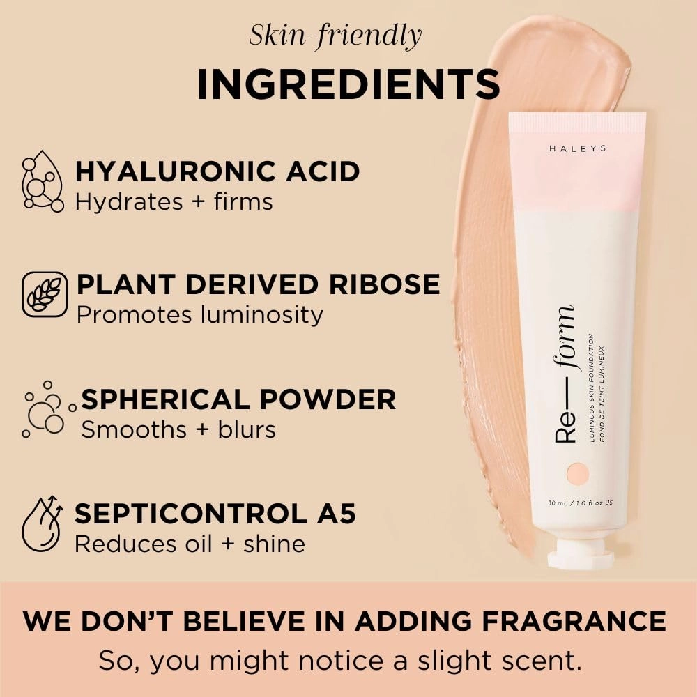 HALEYS Re-form Luminous Skin Foundation, VEGAN   CRUELTY-FREE, Blurs, Conceals, Blendable, Buildable Med-to-Full Coverage, Weightless, Oil-free, All-Day Wear, Hyaluronic Acid, All skin types (2.5)
