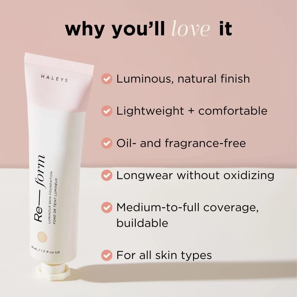 HALEYS Re-form Luminous Skin Foundation, VEGAN   CRUELTY-FREE, Blurs, Conceals, Blendable, Buildable Med-to-Full Coverage, Weightless, Oil-free, All-Day Wear, Hyaluronic Acid, All skin types (2.5)
