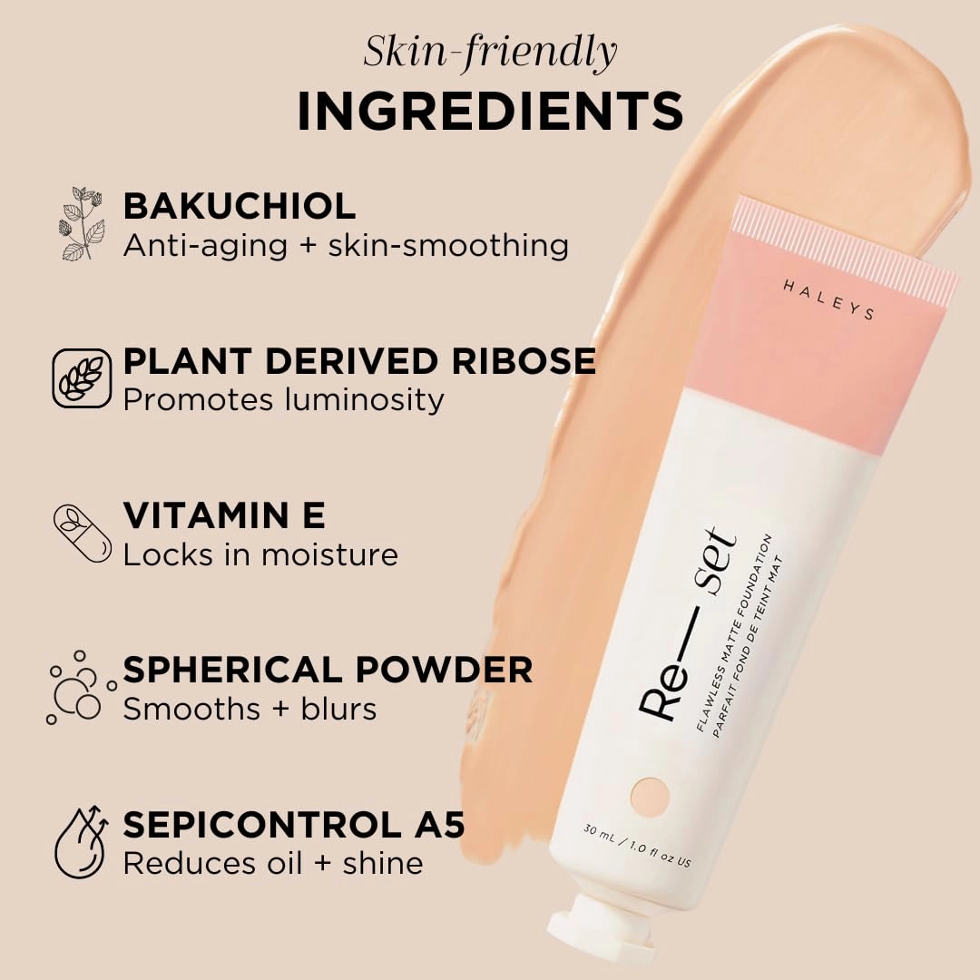 HALEYS Re-set Full Coverage Matte Foundation, VEGAN   CRUELTY-FREE, Oil-Free Liquid Foundation with Double-Dose Pigments for Long-Lasting, Smooth, Natural Finish for Sensitive, Acne-Prone Skin (4.25)