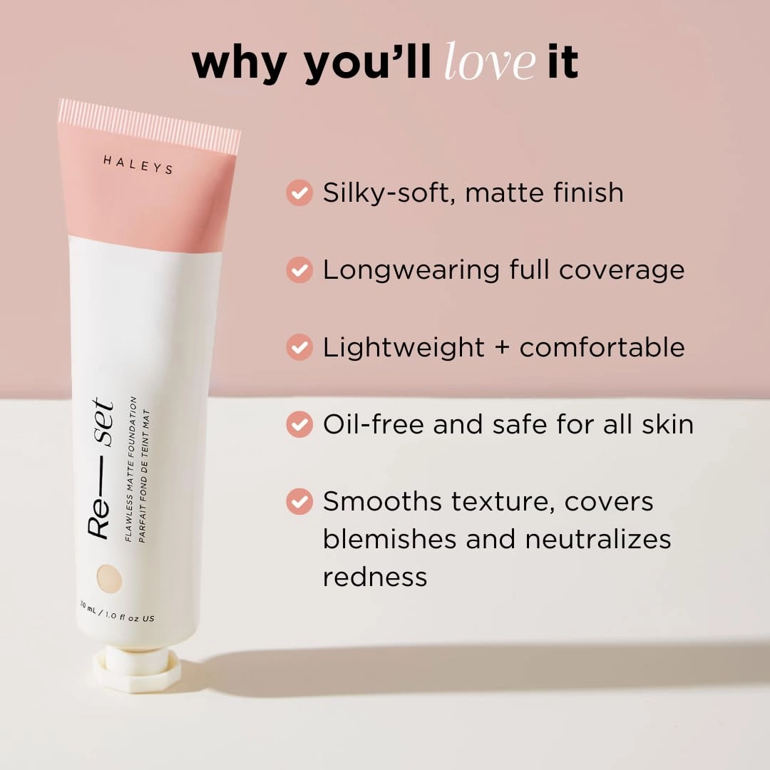 HALEYS Re-set Full Coverage Matte Foundation, VEGAN   CRUELTY-FREE, Oil-Free Liquid Foundation with Double-Dose Pigments for Long-Lasting, Smooth, Natural Finish for Sensitive, Acne-Prone Skin (4.25)