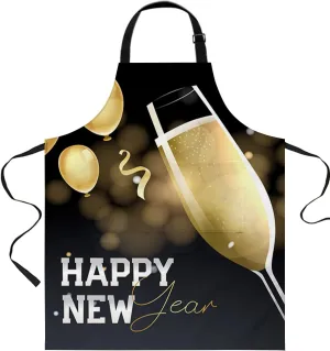 Happy New Year Waterproof Apron With Pockets,Kitchen Chefs Bib Cooking BBQ Grill Bake Adjustable Aprons for Women Home Garden Grooming Painting Gardening Graduation Party Celebration Winter Holiday