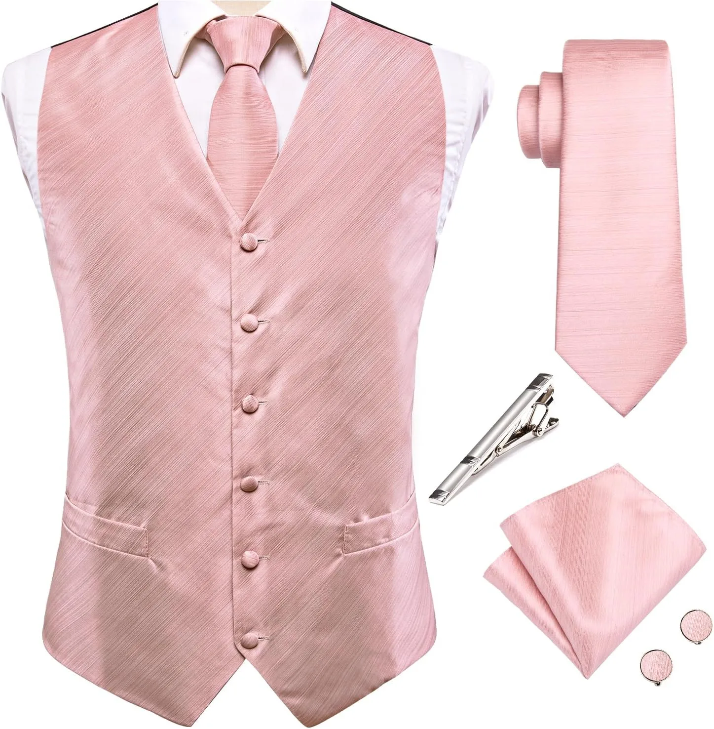 Hi-Tie Mens Silk Suit Vest Jacquard 5PCS Necktie Pocket Square Cufflinks Lapel Pin Formal Wedding Tuxedo