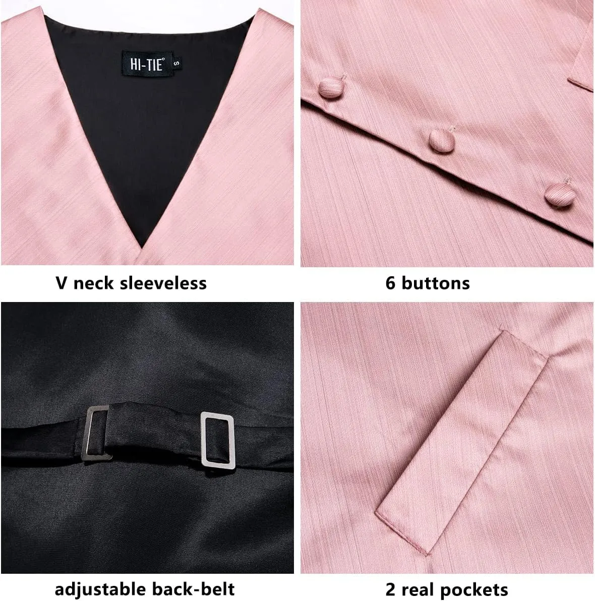 Hi-Tie Mens Silk Suit Vest Jacquard 5PCS Necktie Pocket Square Cufflinks Lapel Pin Formal Wedding Tuxedo