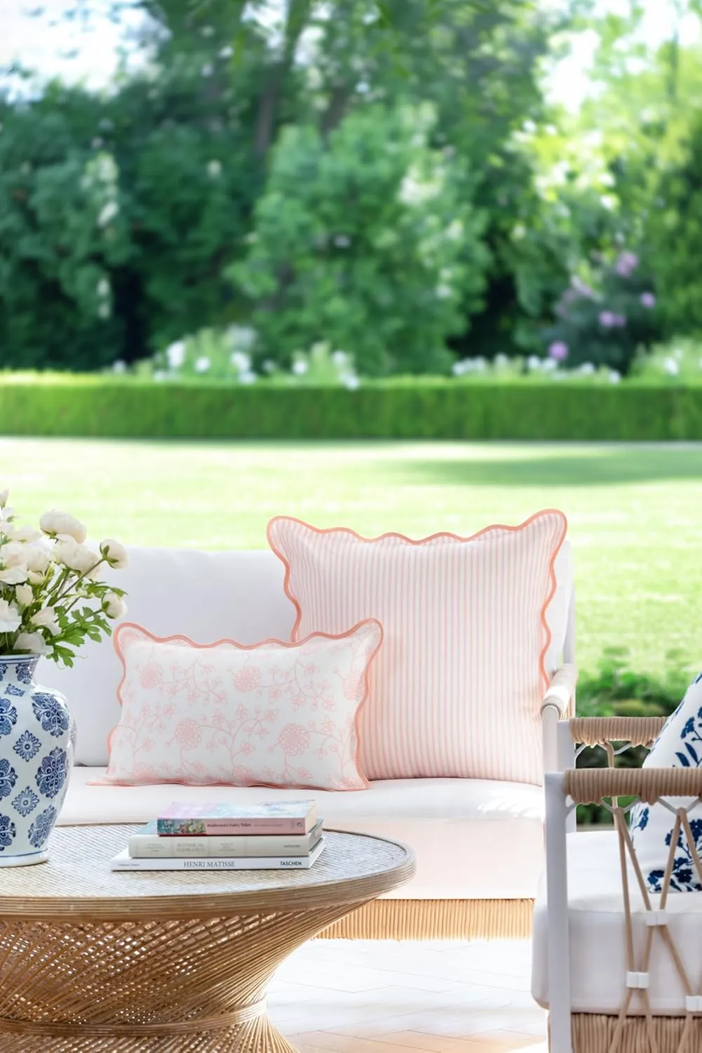Hofdeco Premium Coastal Patio Indoor Outdoor Scalloped Lumbar Pillow Cover Only, 12"x20" Water Repellent for Backyard, Couch, Blush Pink Print Dahlia Floral